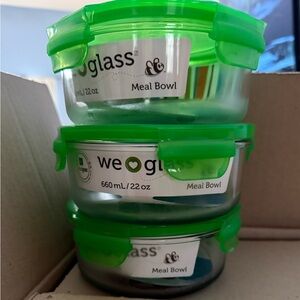 Wean Green Glass Meal Bowls with green Lids 3pk 22oz freezer, dishwasher safe